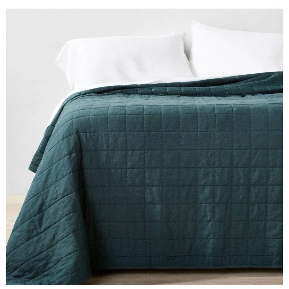 Casaluna Heavyweight Linen Blend Quilt King Plus Dark Teal Box Stitch + 2 shams